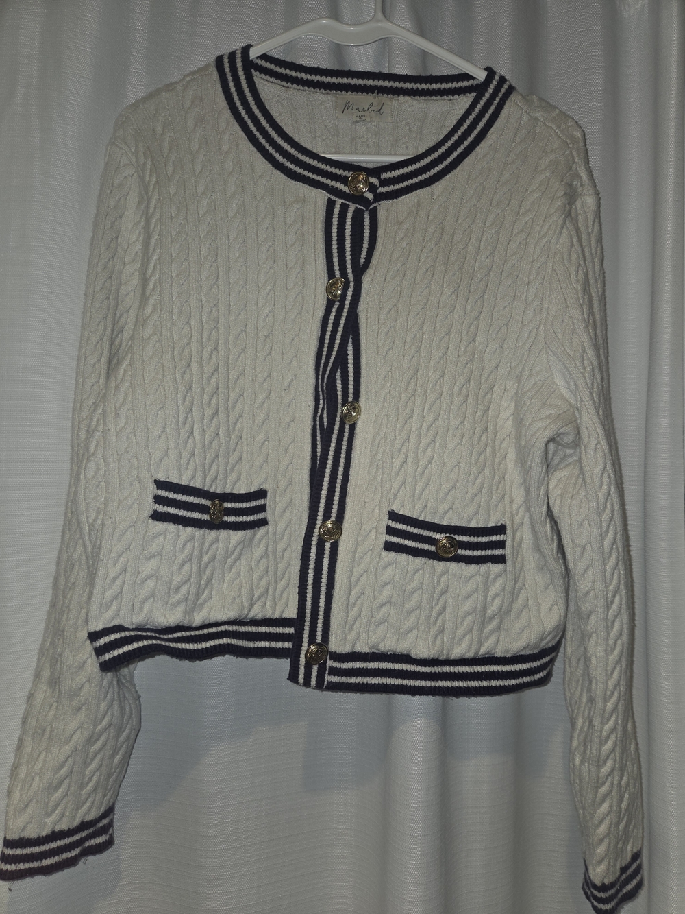 Marled Cream Cable-Knit Cardigan with Navy Stripe Trim
